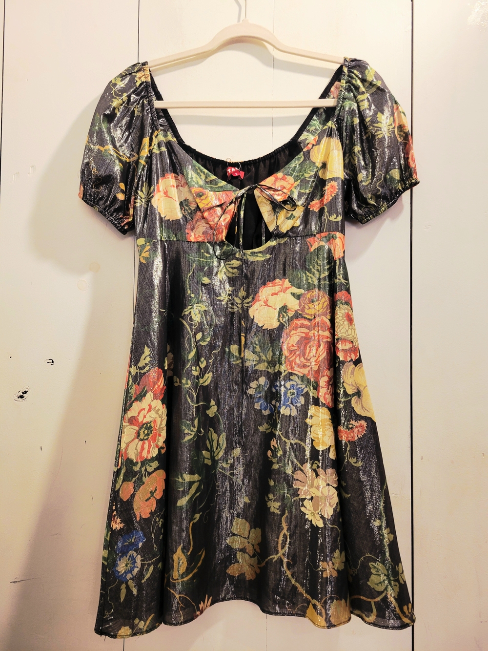 NWT STAUD Black Floral Tie-Front Mini Dress with Multicolor Blooms Sz S